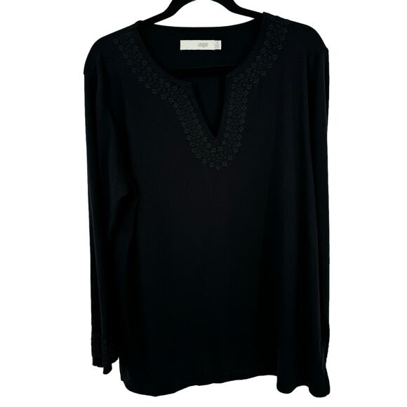 I Magnin 2 Piece Set M Black Long Sleeve Top Elastic Waist Pants Embroidered - Picture 2 of 15